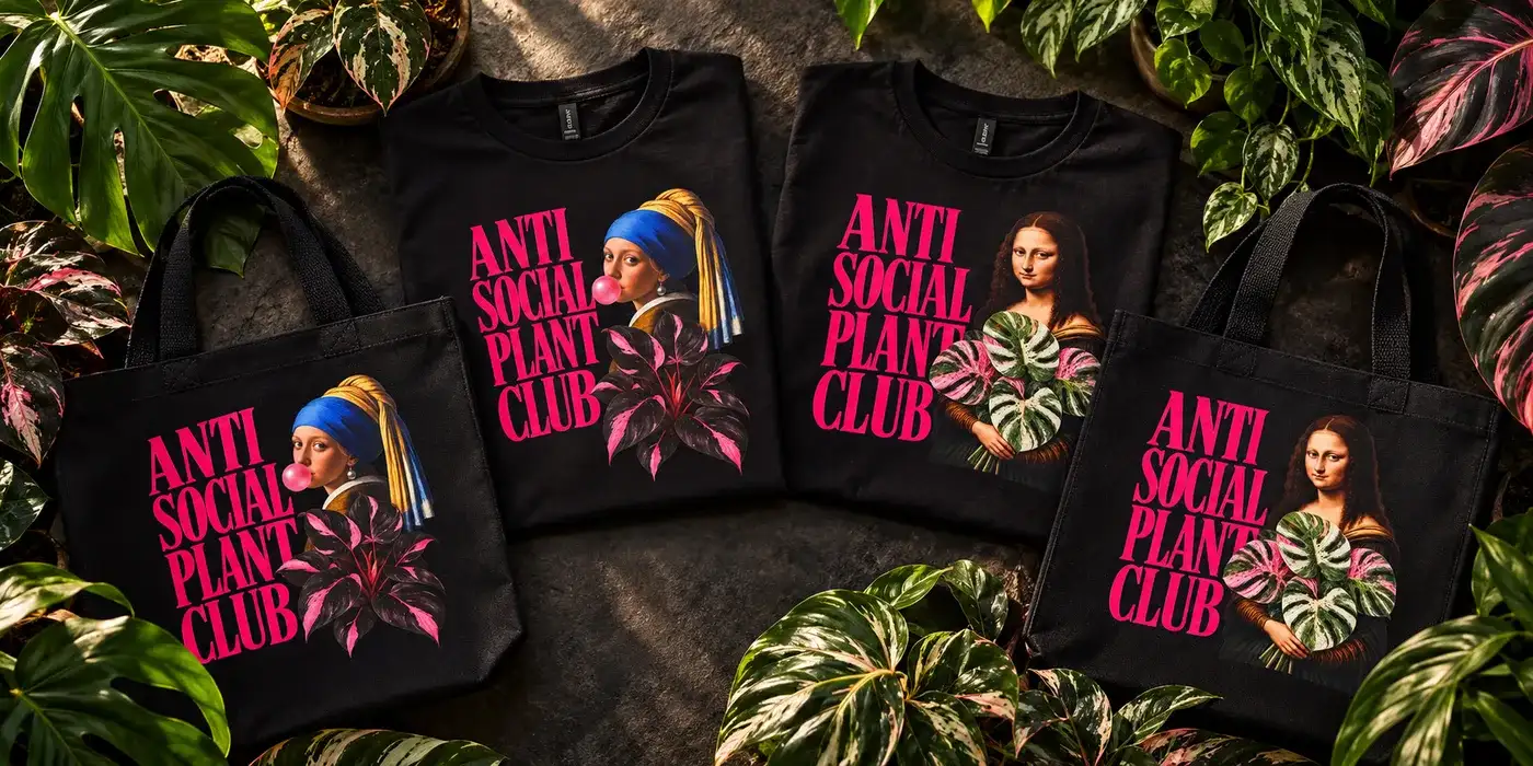 Anti Social Plant Club tees and totes with Girl with a Pearl Earring and Mona Lisa holding houseplants