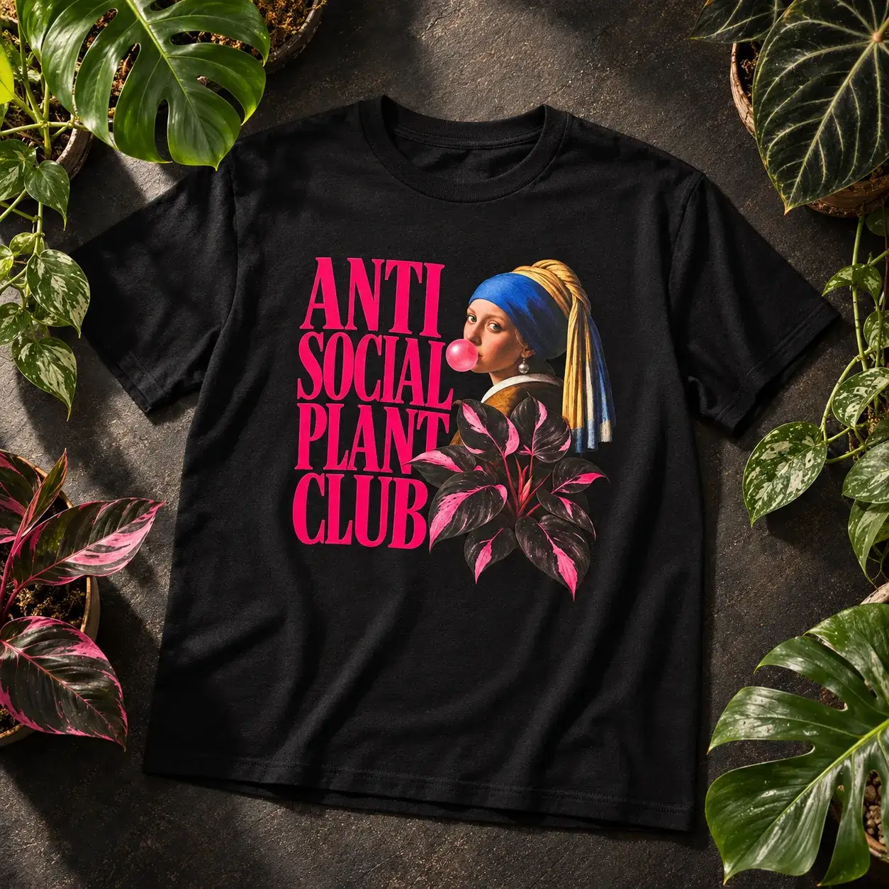 Black tee: Anti Social Plant Club in pink next to Girl with a Pearl Earring blowing a bubble, holding a pink plant
