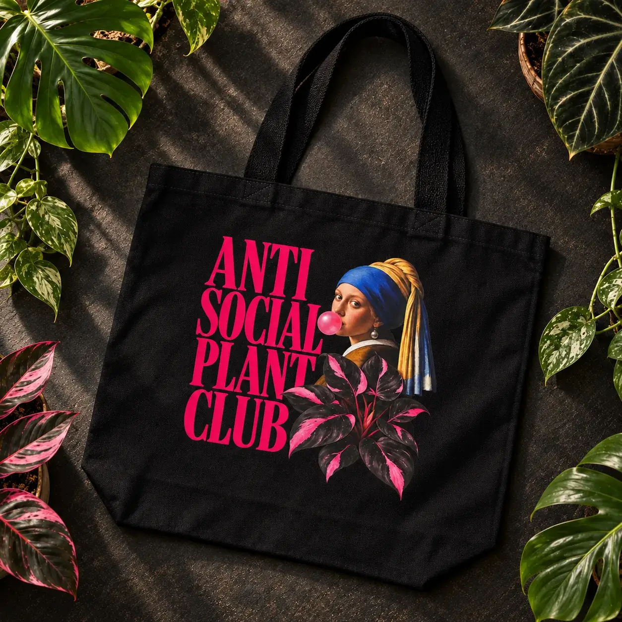 Black tote: Anti Social Plant Club with Girl with a Pearl Earring and a pink plant