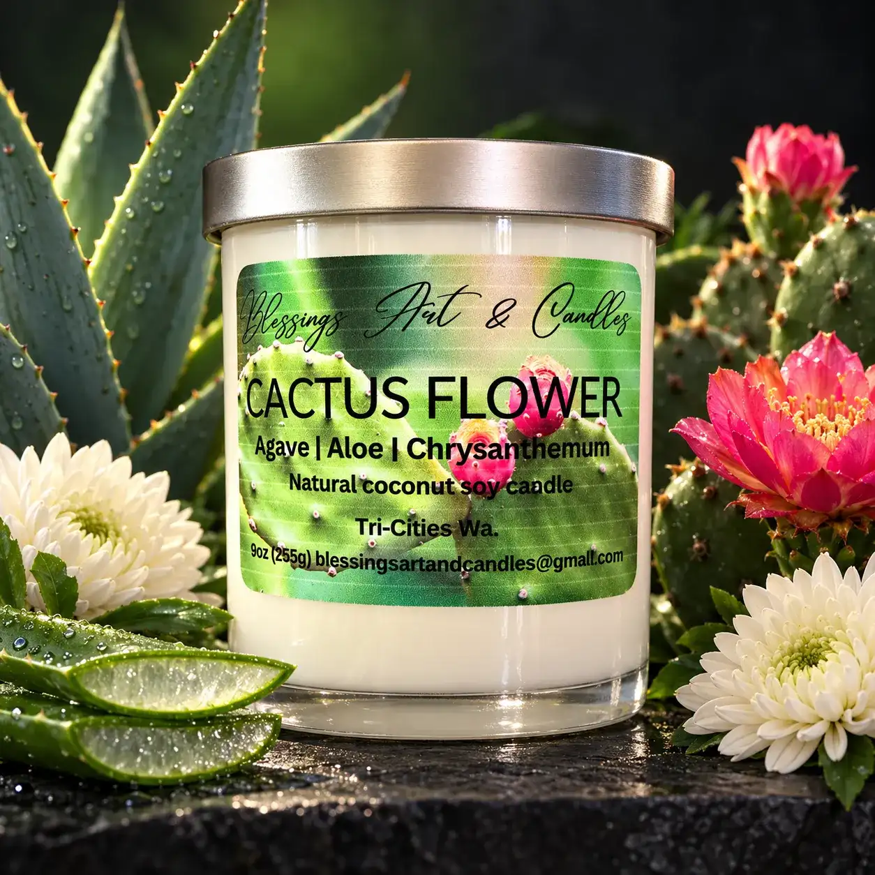 Cactus Flower candle in a glass jar with aloe, a pink cactus bloom and white mums