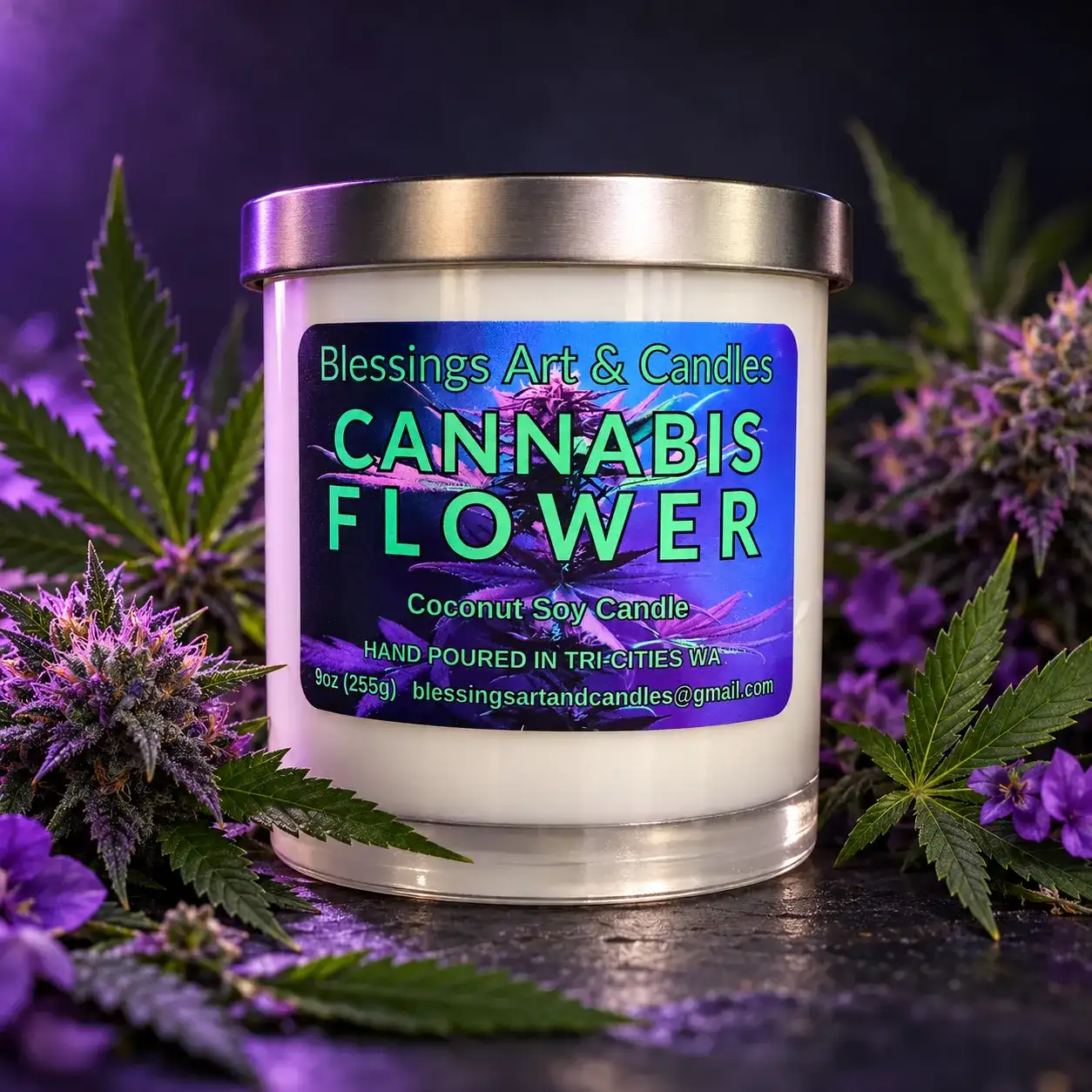 Cannabis Flower candle in a glass jar with a blue and purple label, among leaves