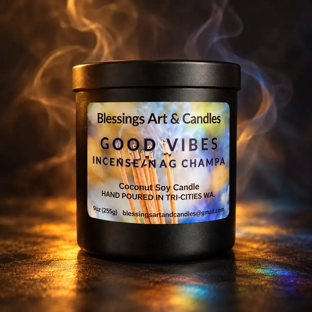 Good Vibes candle by Blessings Art & Candles, a black jar with a holographic label