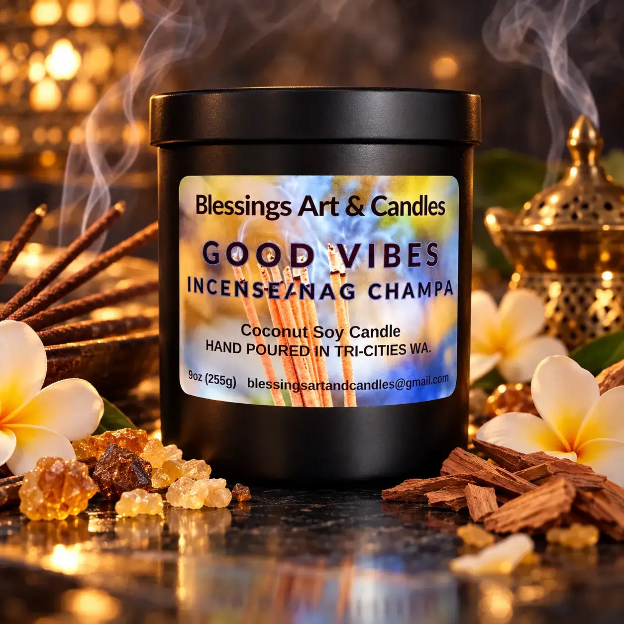 Good Vibes candle in a black jar with incense sticks, gold and a wisp of smoke around it