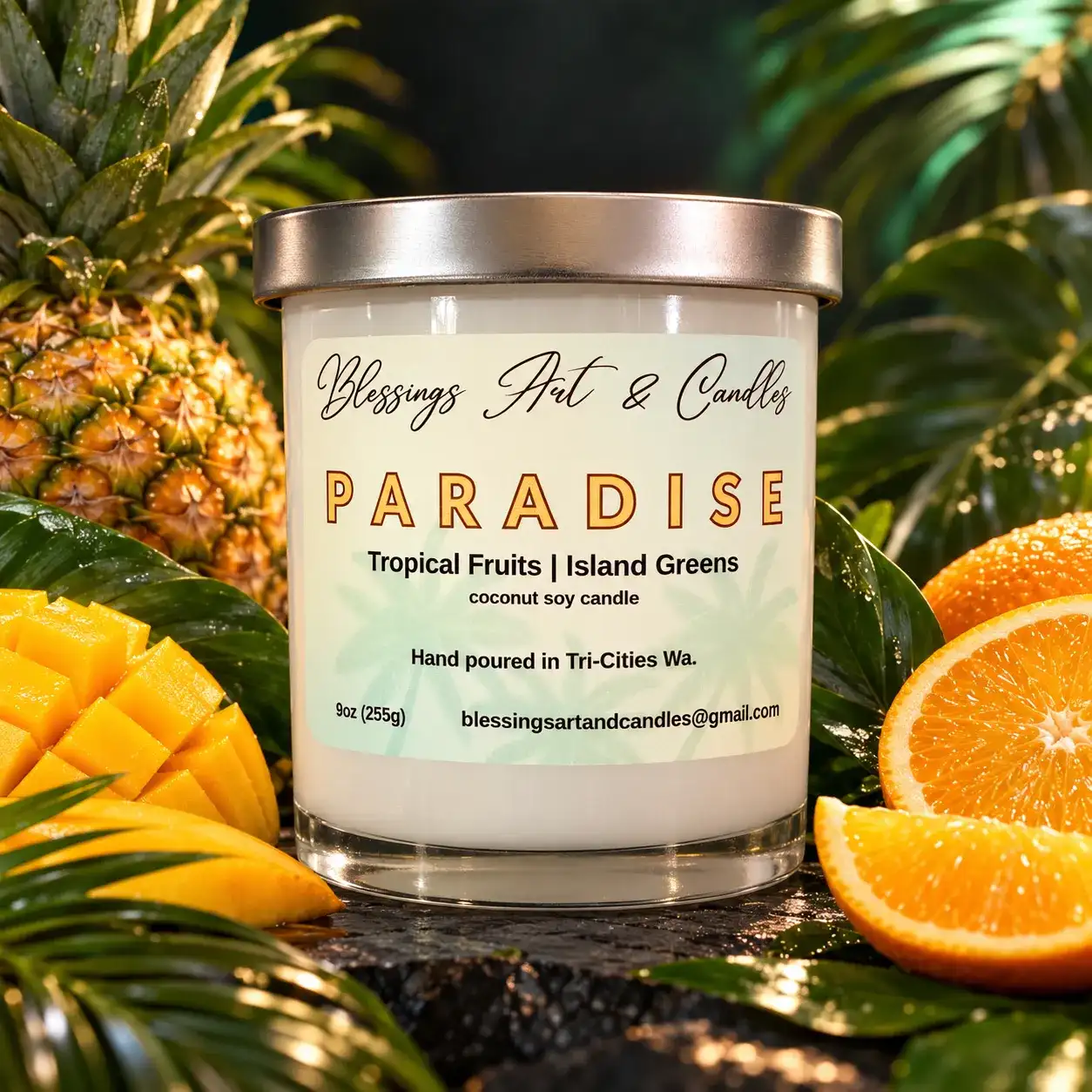 Paradise candle in a glass jar with pineapple, mango and orange slices