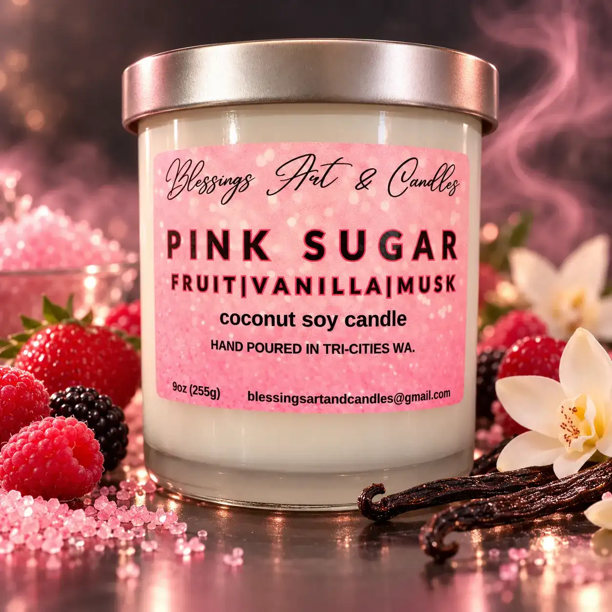 Pink Sugar candle by Blessings Art & Candles: a pink label on a glass jar, with berries and sugar crystals around it