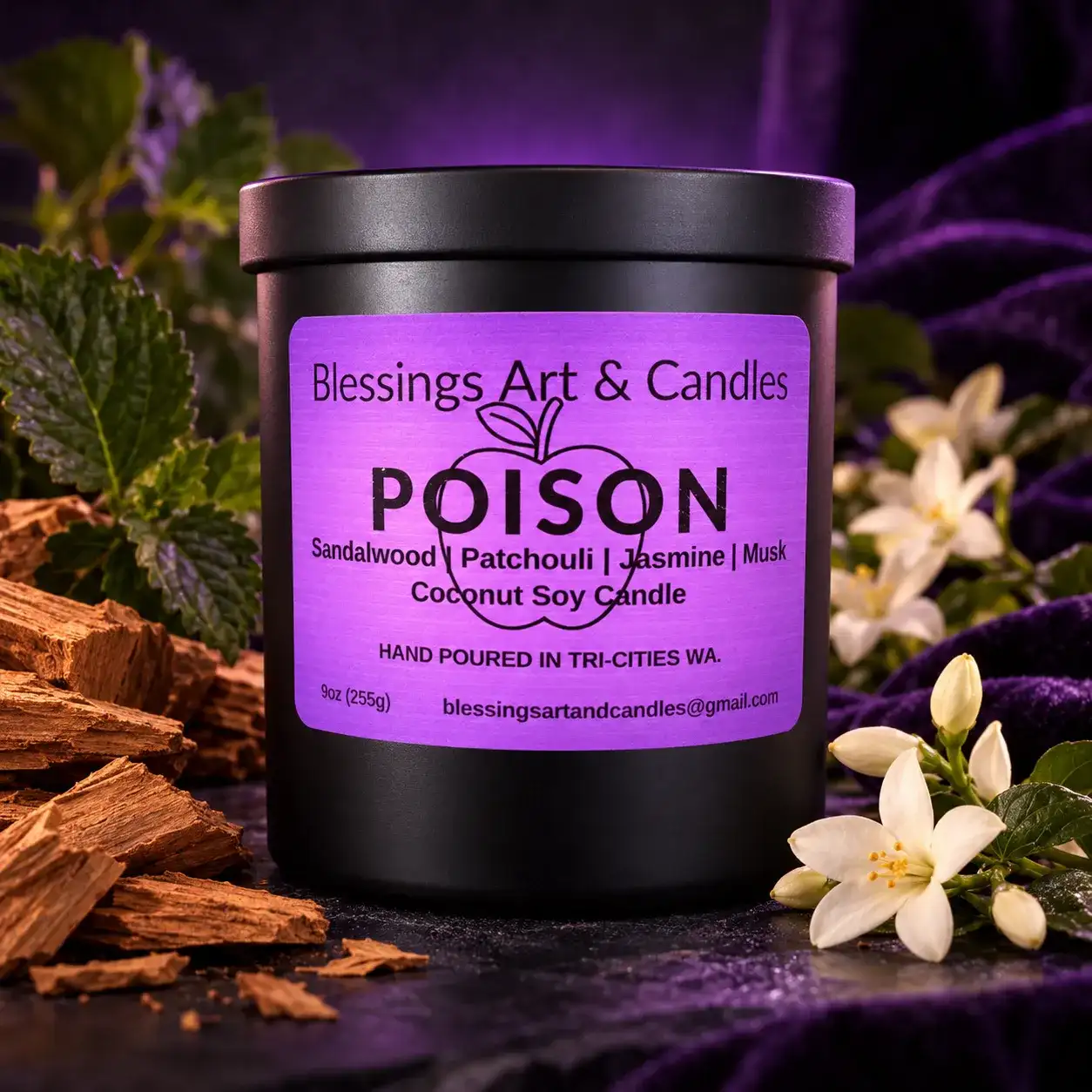 Poison candle in a black jar with a purple label, with jasmine blossoms and purple smoke