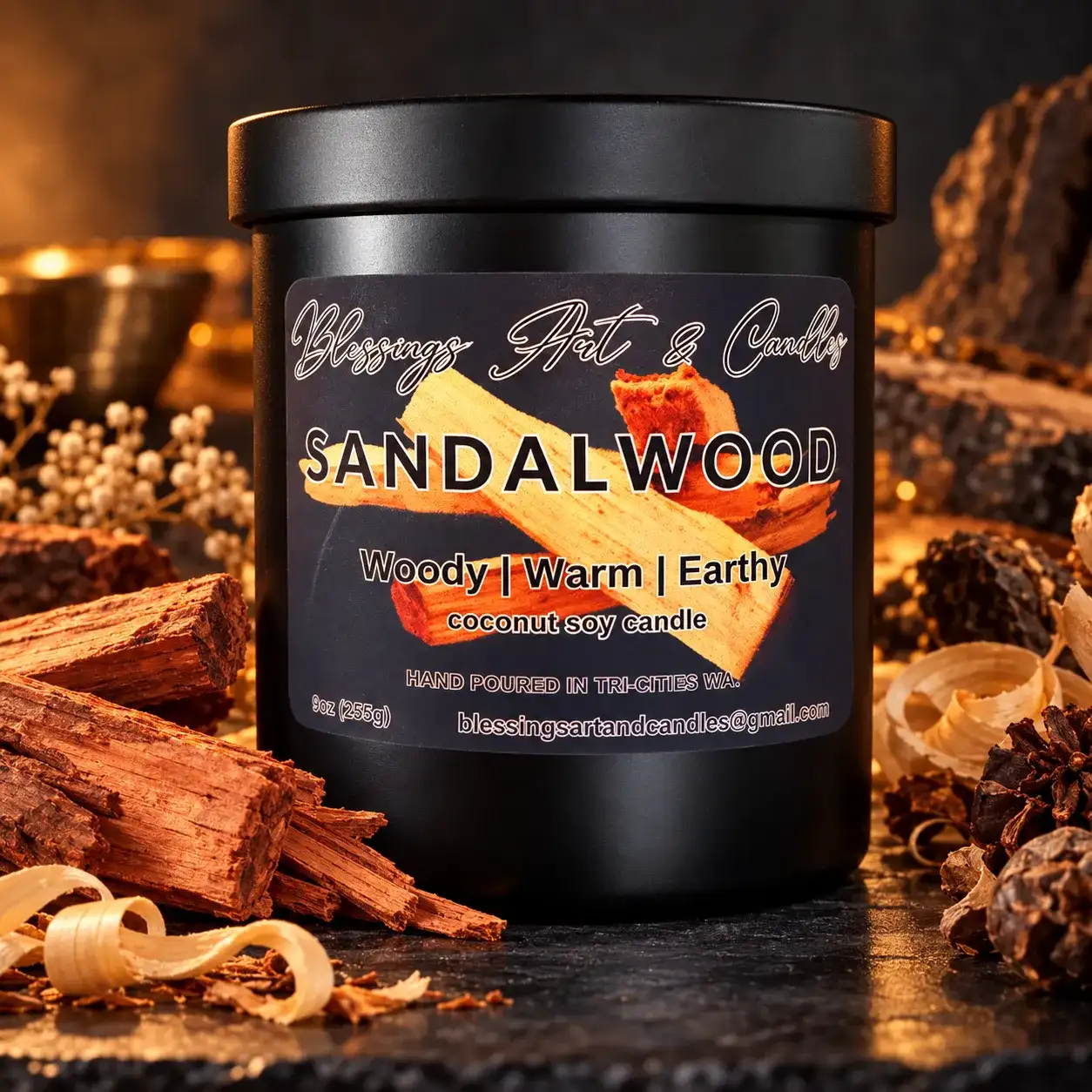 Sandalwood candle in a black jar with wood shavings and chips around it