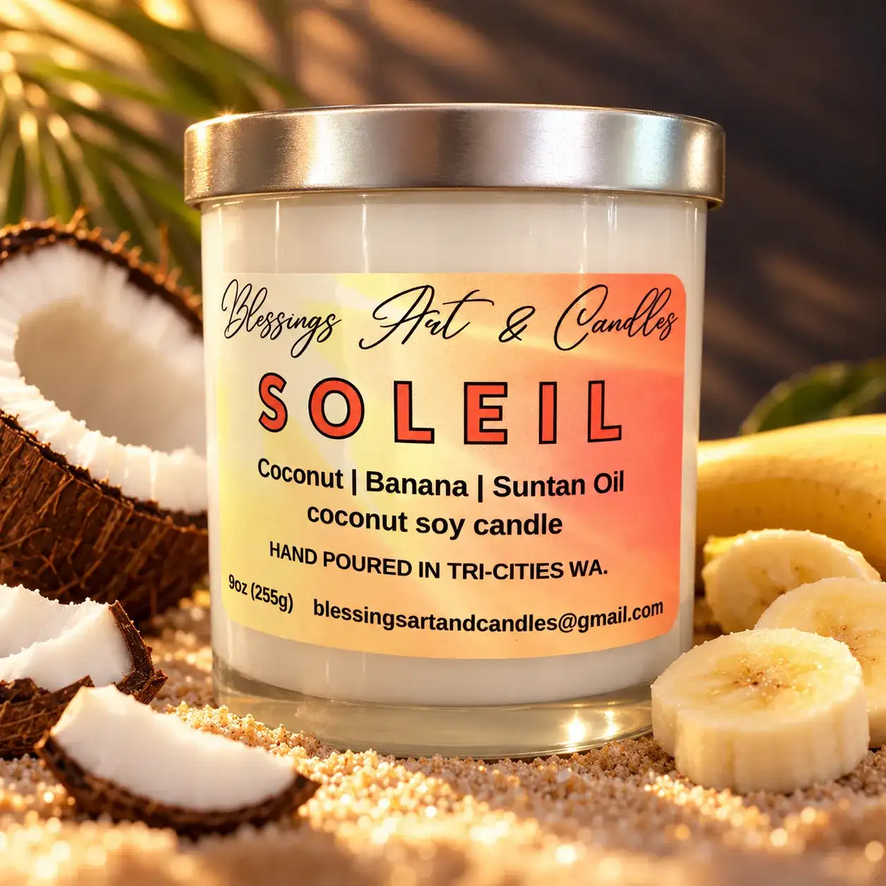 Soleil candle with a sunset label, next to coconut halves and banana slices