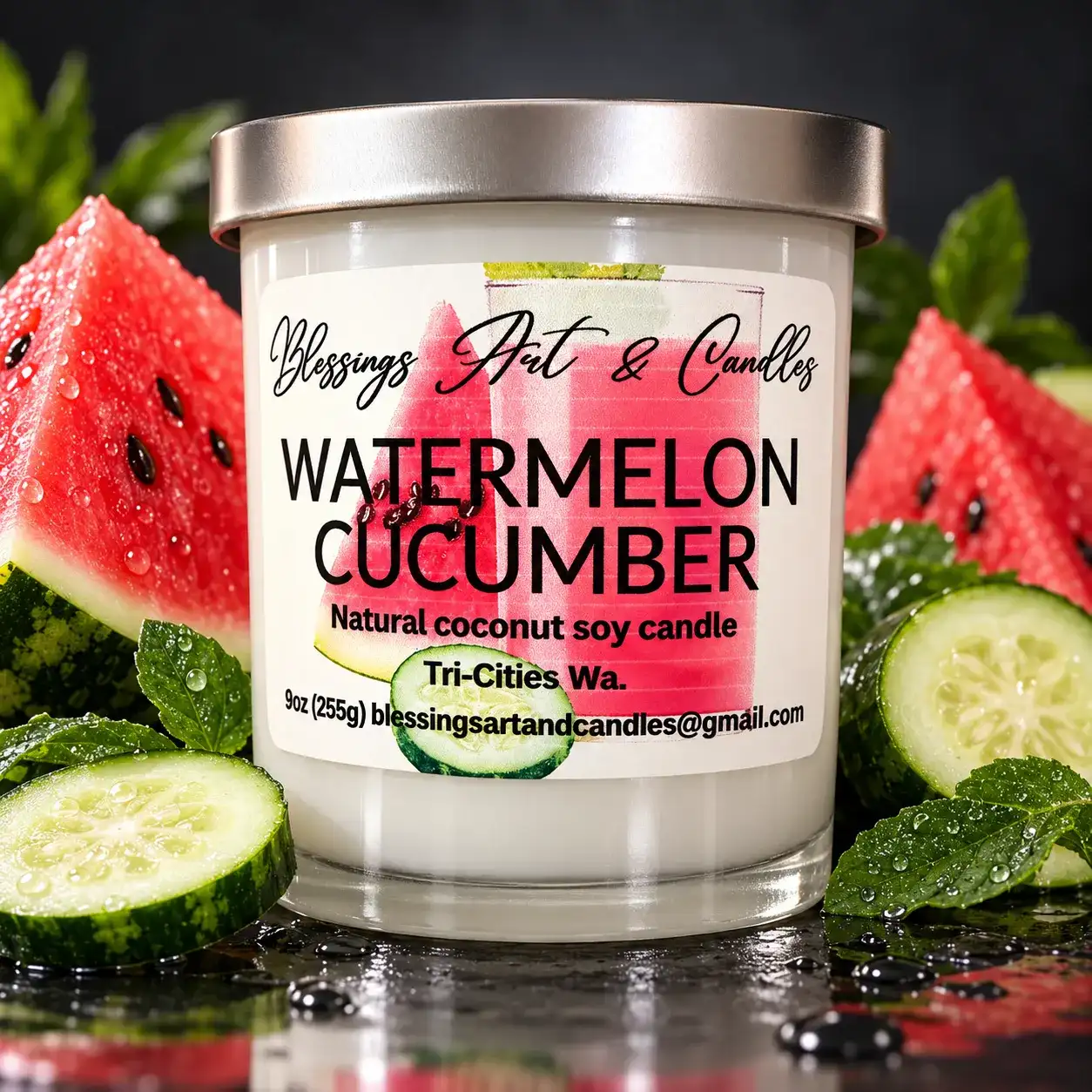 Watermelon Cucumber candle in a glass jar with watermelon wedges and cucumber slices
