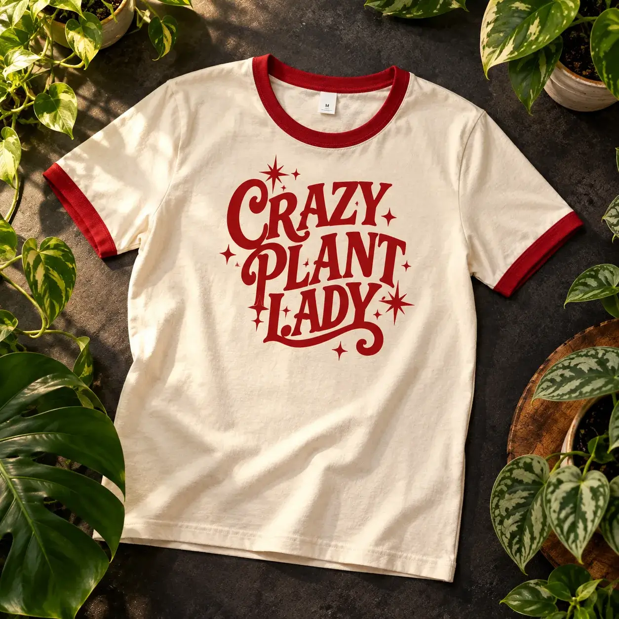 Cream ringer tee with red trim and Crazy Plant Lady in red script