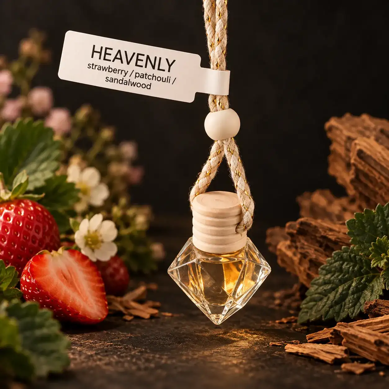 Heavenly car diffuser, a hanging glass bottle with a wooden cap and paper tag, next to strawberries