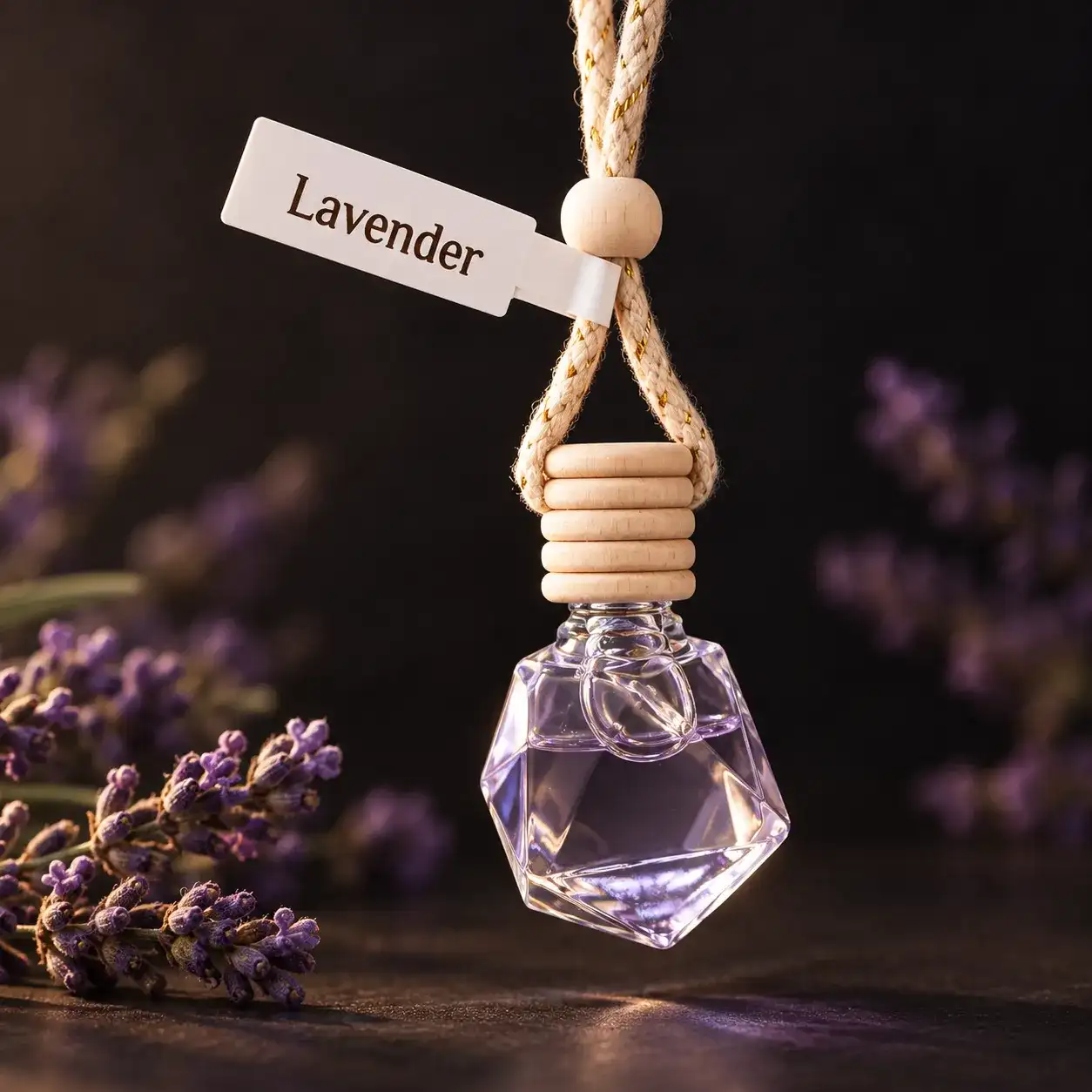 Lavender car diffuser, a hanging glass bottle of pale purple oil, next to lavender