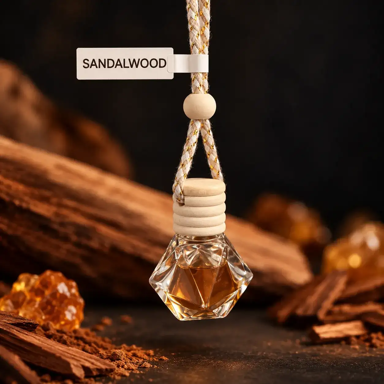 Sandalwood car diffuser, a hanging glass bottle with a wooden cap, next to a piece of sandalwood