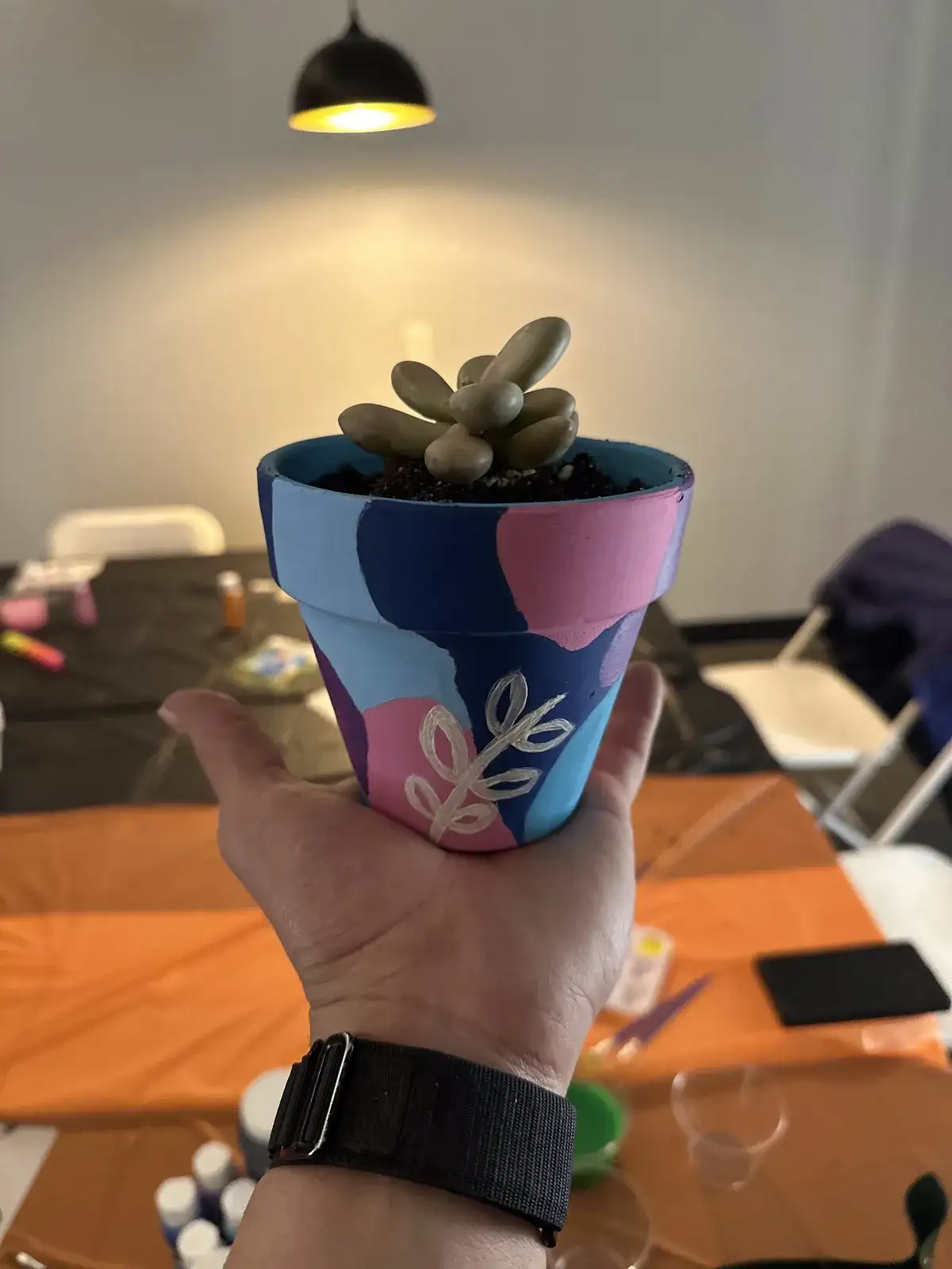 A blue and pink painted pot with succulents, held up at a workshop table