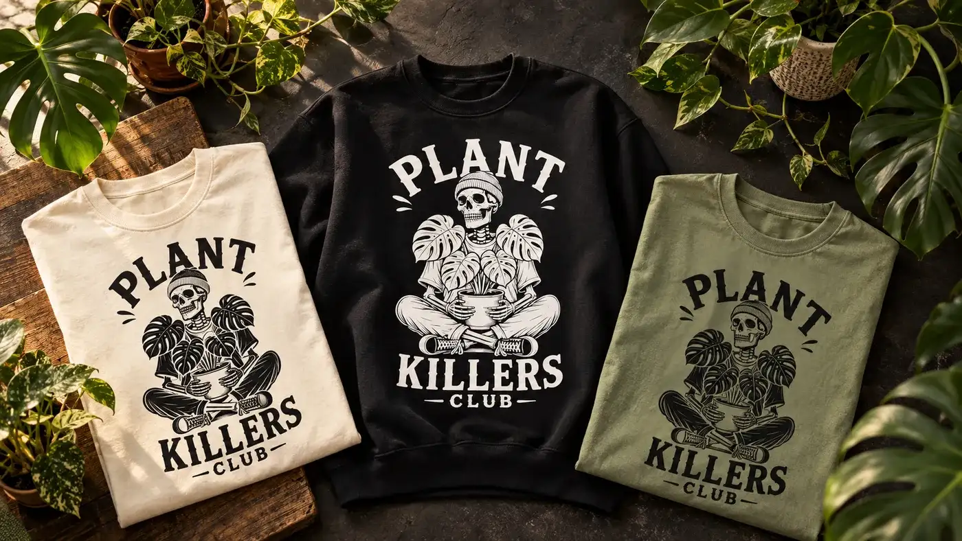 Plant Killers Club tees in cream, black and sage, laid out among houseplants