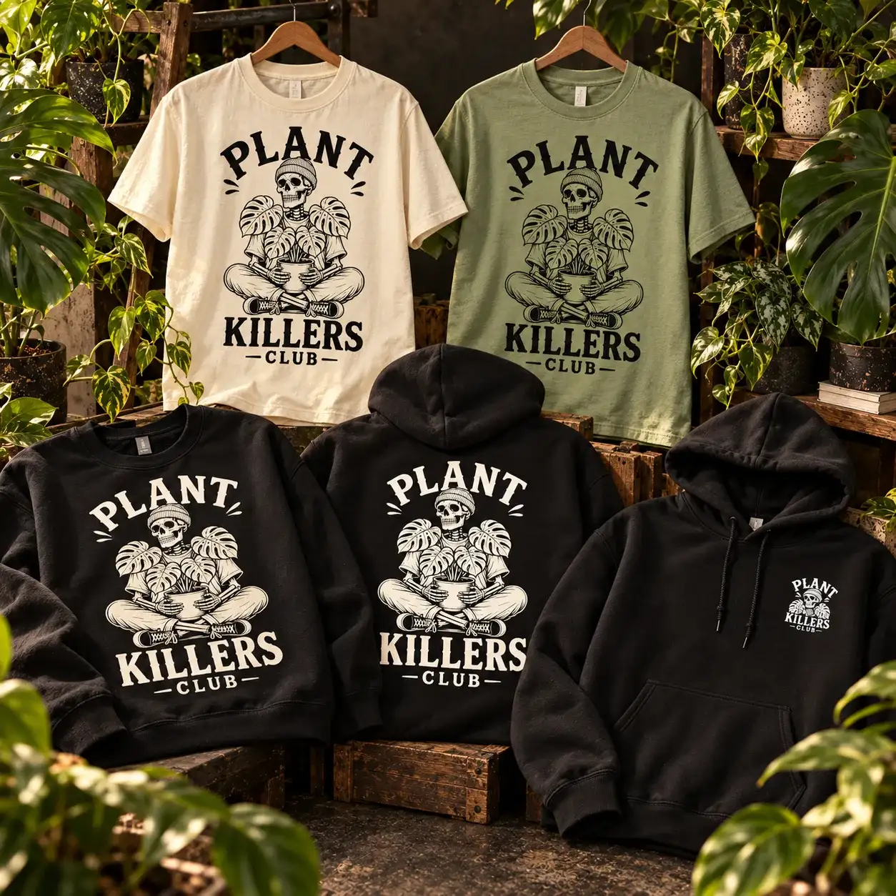 The Plant Killers Club line together: tees, crewnecks and the hoodie