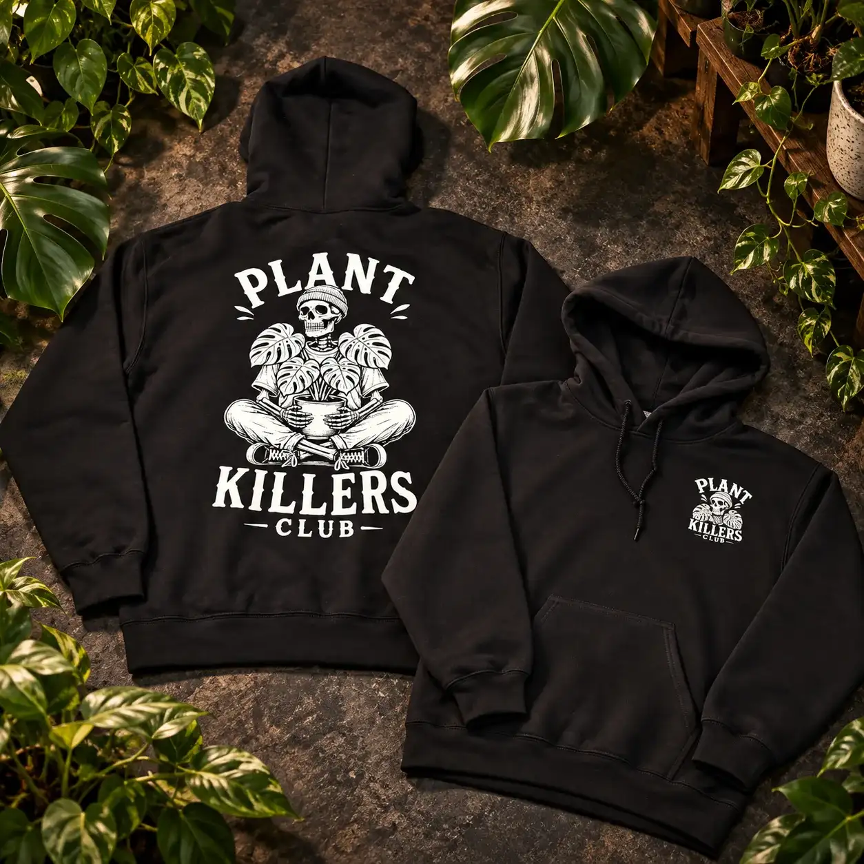 Plant Killers Club hoodie next to the matching crewneck