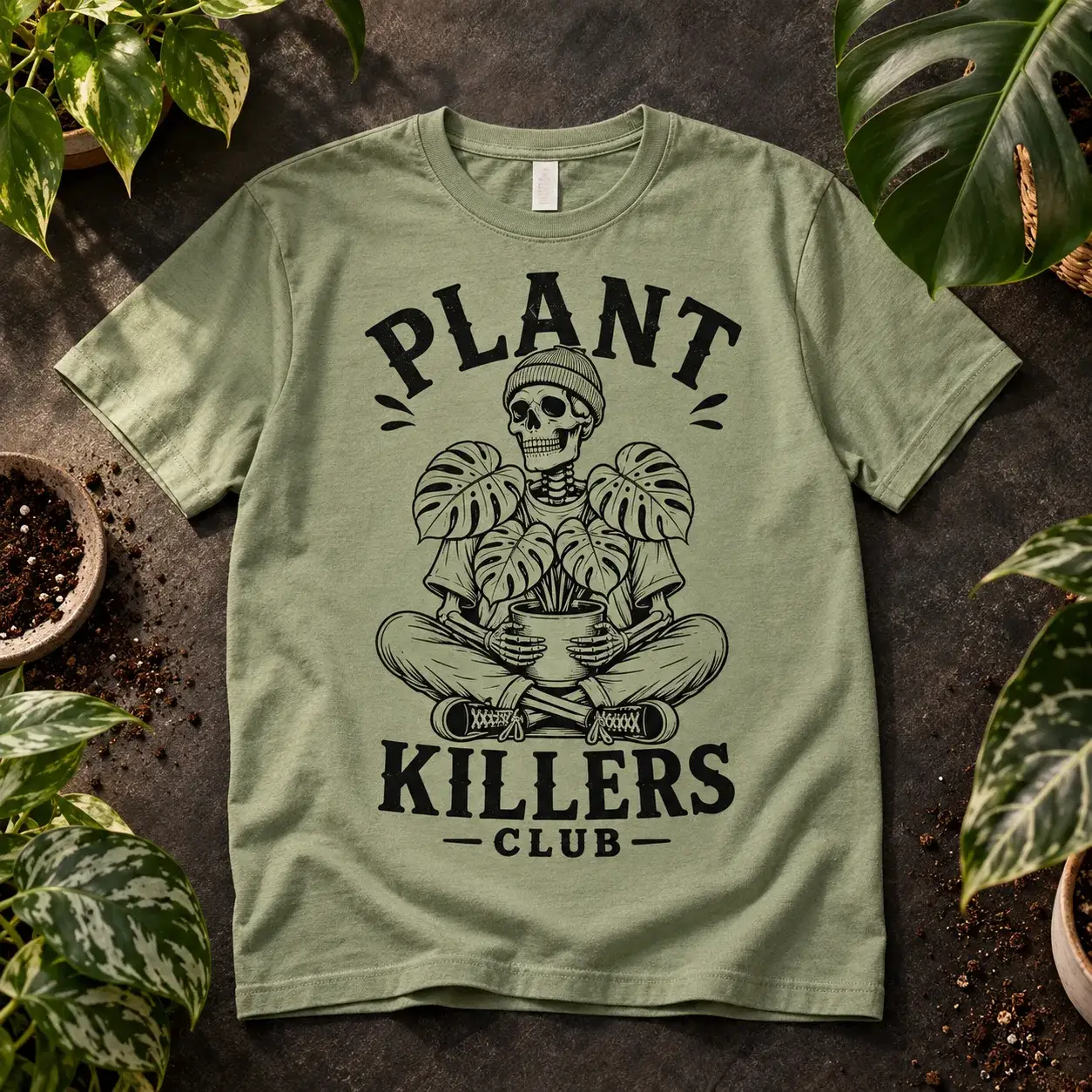 Sage green Plant Killers Club tee with a black skeleton and monstera print