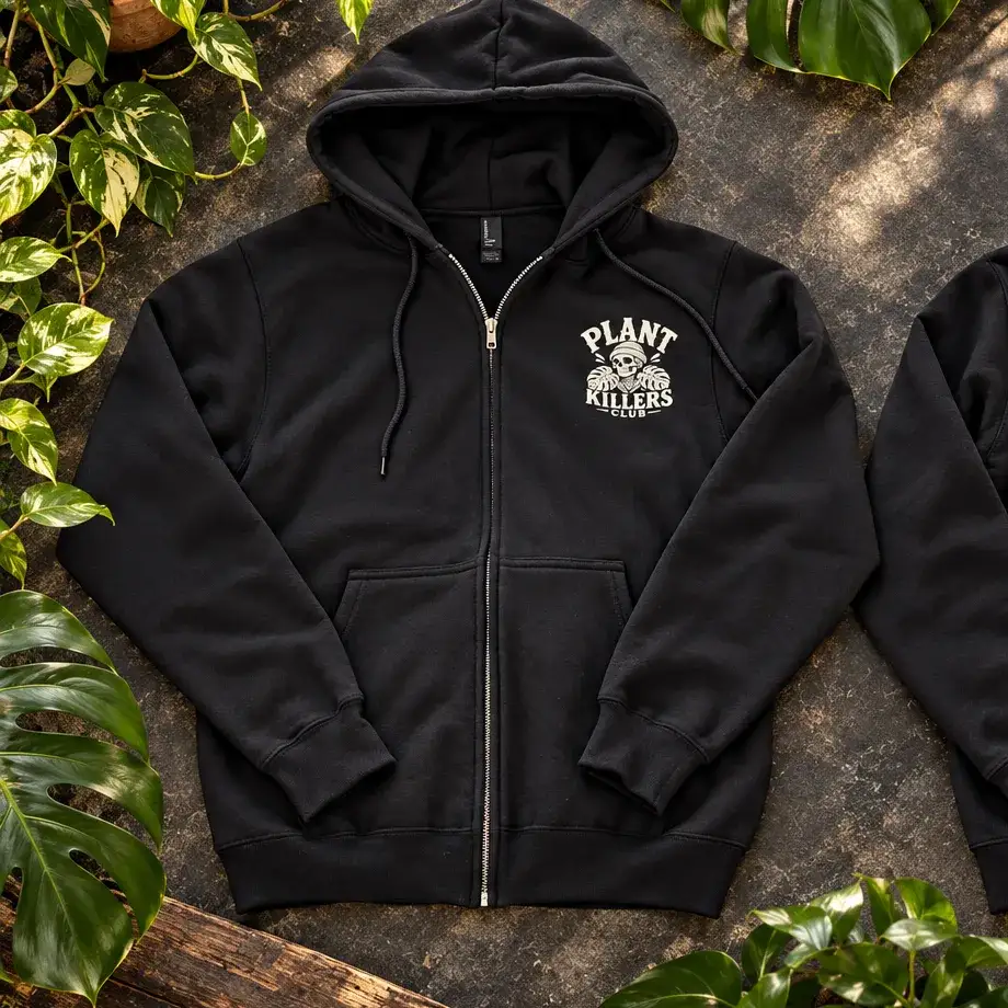 Black Plant Killers Club zip-up hoodie with a small cream skeleton print on the chest