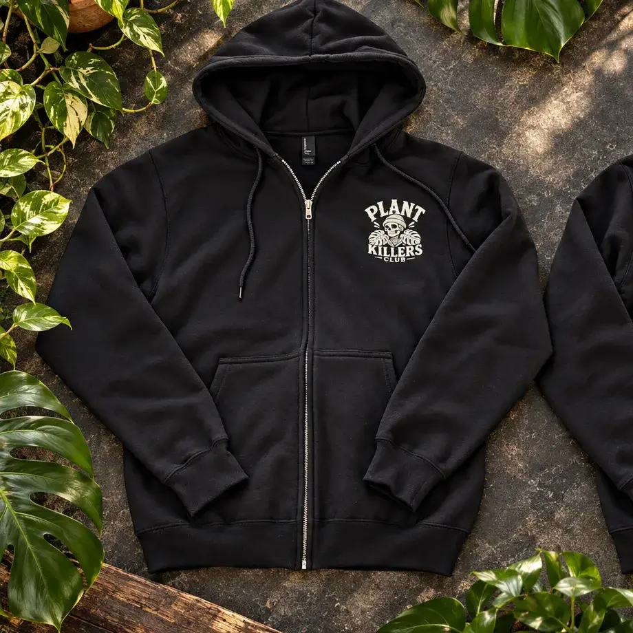 Black Plant Killers Club zip-up hoodie with a small cream skeleton print on the chest