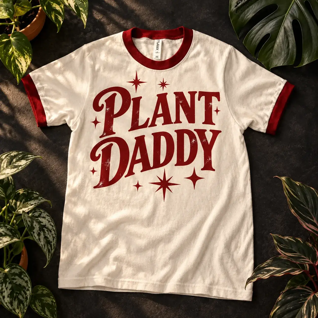Cream ringer tee with red trim and Plant Daddy in red script with sparkles