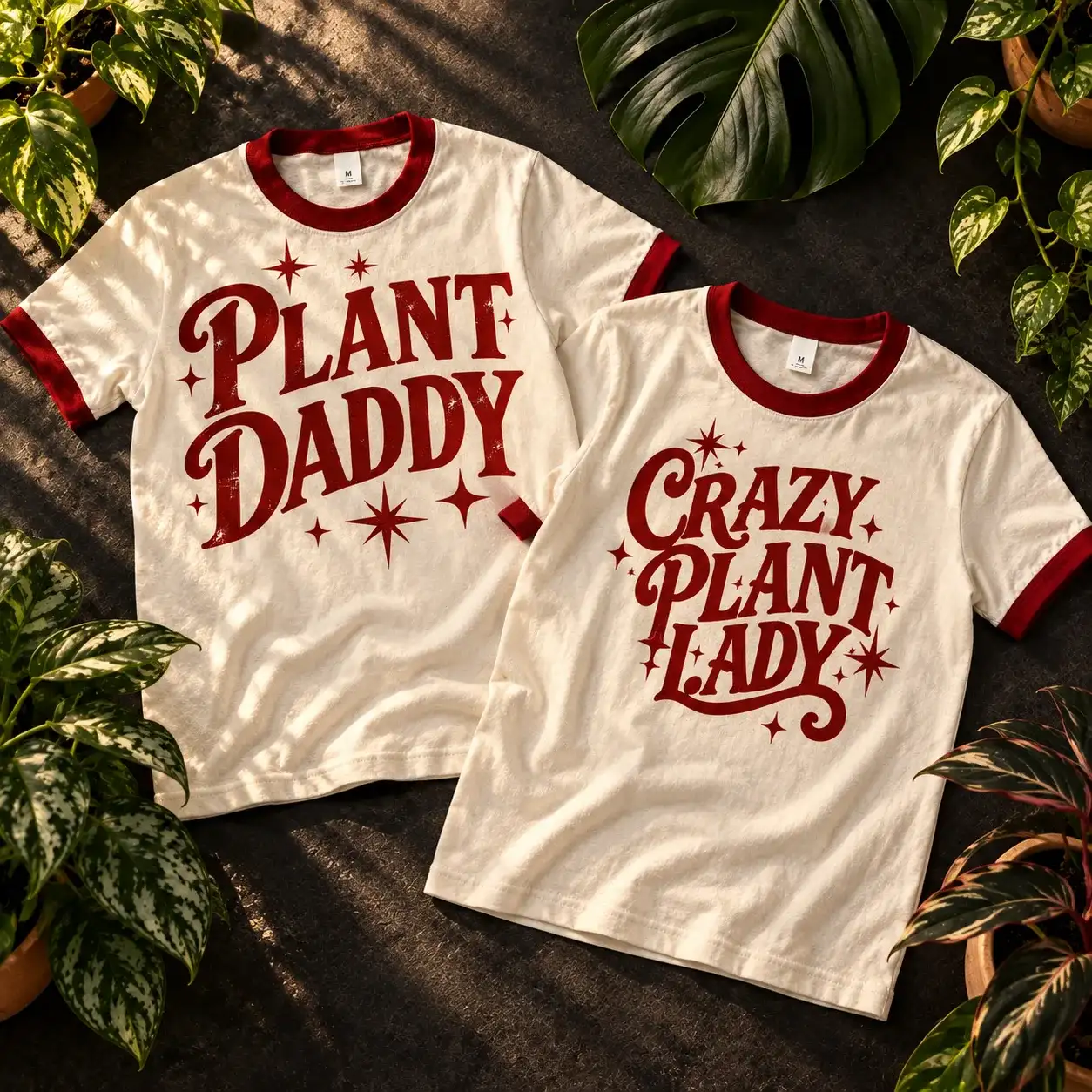 Plant Daddy and Crazy Plant Lady ringer tees side by side