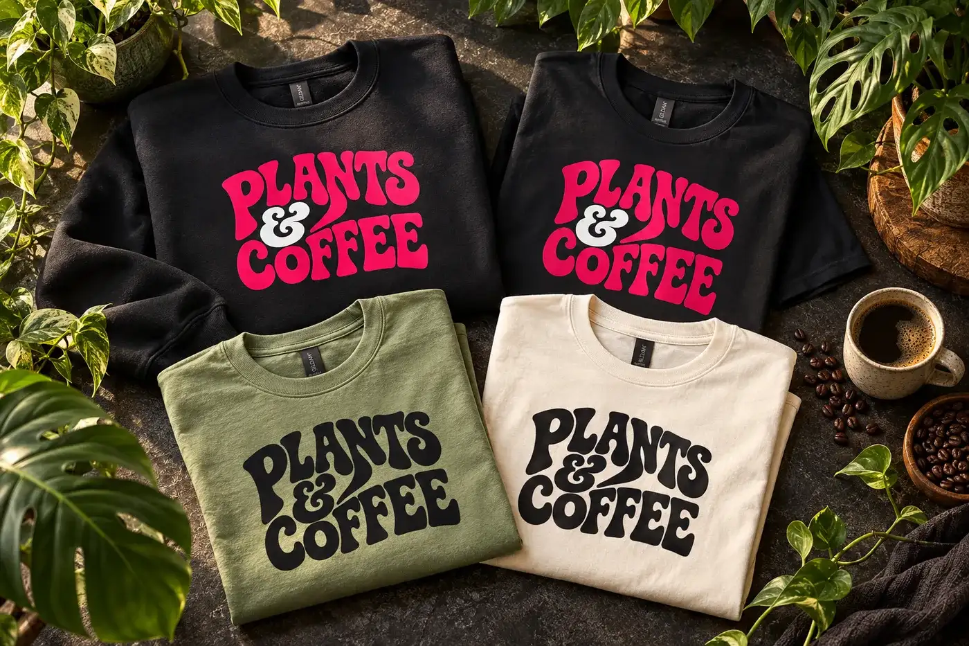Plants and Coffee crewnecks and tees next to a cup of coffee and houseplants