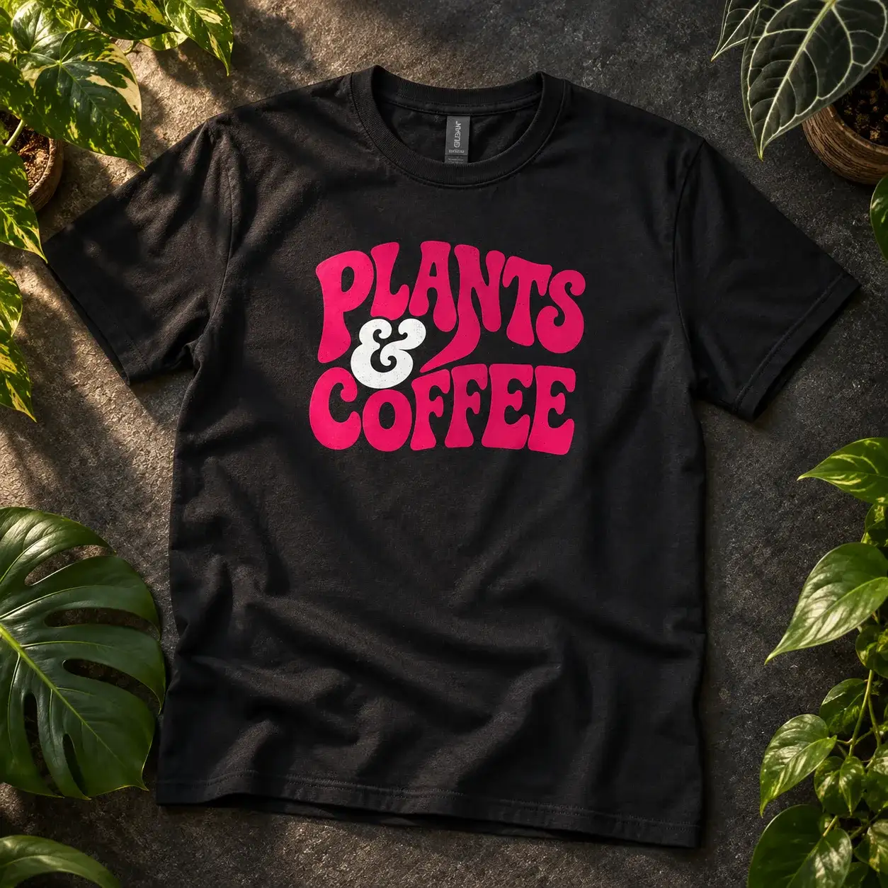 Black tee with Plants and Coffee in hot pink