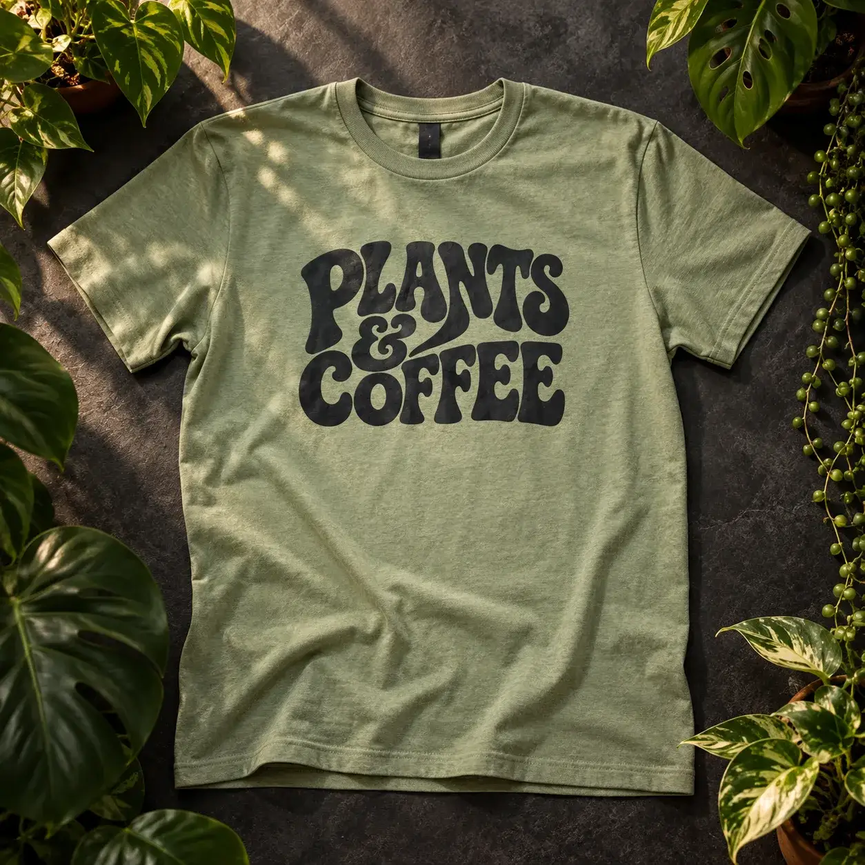 Sage green tee with Plants and Coffee in black