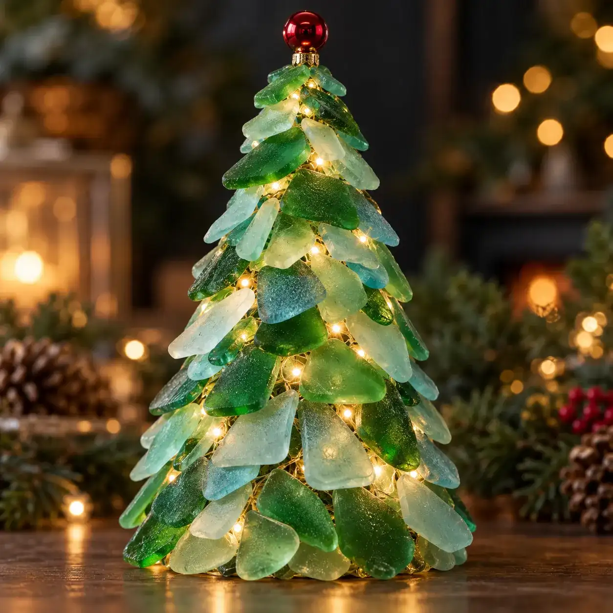 Sea glass Christmas tree: a small tree built from green and sea-foam glass pieces, lit from inside with fairy lights and topped with a red ornament, on a wooden table with holiday lights behind it