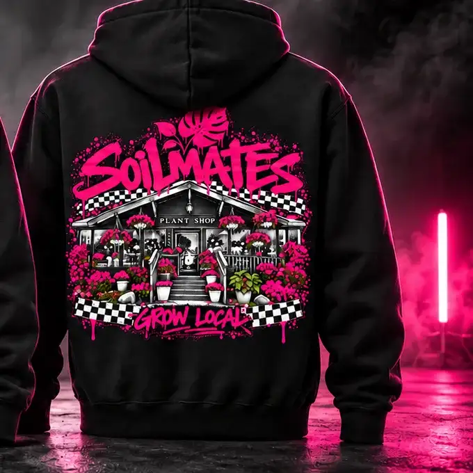 Back of the SOILMATES Street Hoodie: the full storefront print in hot pink, black and white, with Grow Local underneath